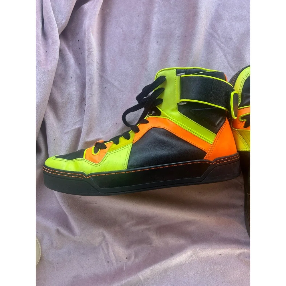 Gucci Coda High Top Sneakers Black Leather Neon Yellow Orange 386738 Mens 8.5G
